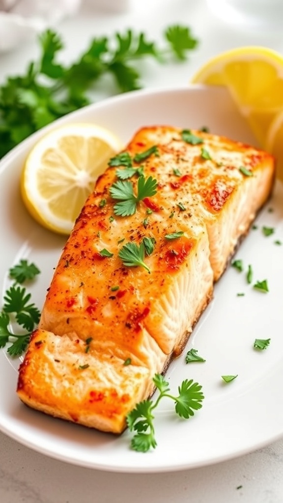 Air fryer salmon fillet garnished with parsley and lemon wedges on a white plate.